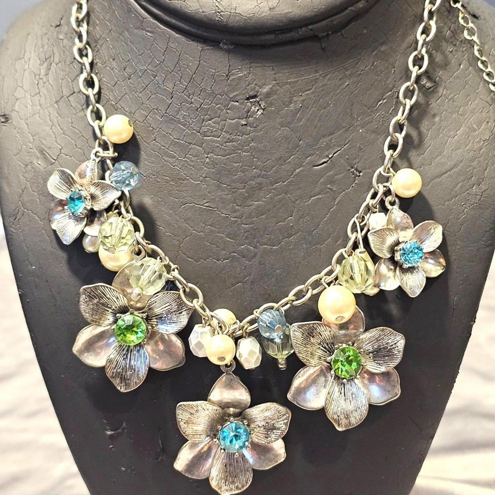 Silver Tone Floral Statement Necklace Blue Green Crystal Faux Pearl Asymmetric